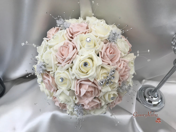 Mocha Pink & Ivory Rose With Silver & Crystal Butterfly