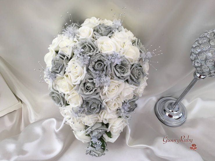 Silver Glitter Rose With Silver Babies Breath