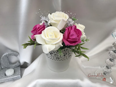 Bucket Arrangement With Hot Pink & Ivory Roses & Babies Breath