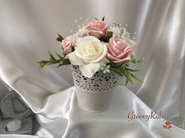 Bucket Arrangement With Vintage Peach & Ivory Roses & Ivory Babies Breath