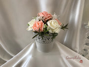 Bucket Arrangement With Peach & Ivory Roses & Ivory Babies Breath
