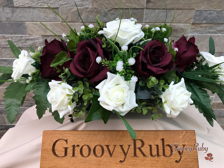 Burgundy Silk & Ivory Roses With Gypsophila *Limited Edition*
