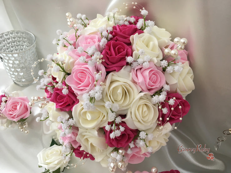 Baby Pink, Hot Pink & Ivory Roses With Gypsophila, Pearl Loops & Pearl Sprays