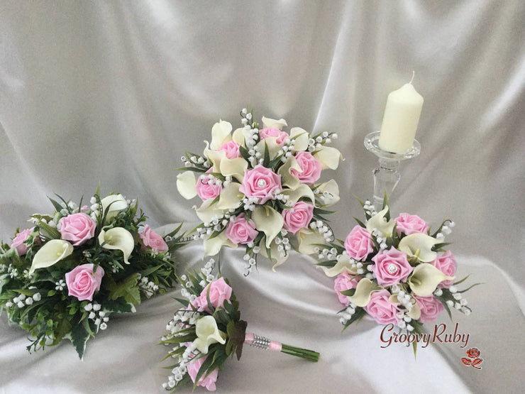 Baby Pink Rose, Lily of the Valley & Large Calla Lily With Diamante Brooch