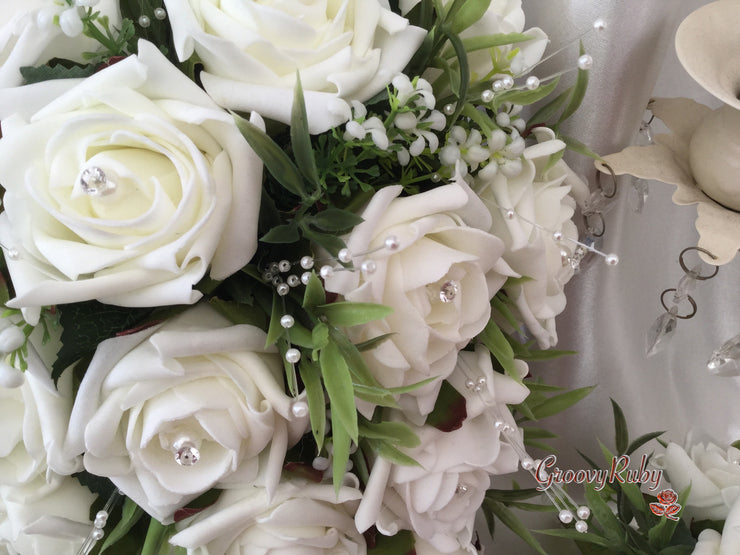 Ivory Rose With Foliage & Pearl Sprays