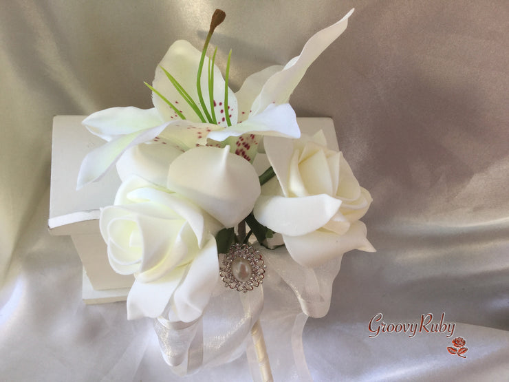 Tiger Lily & Ivory Rose Pearl Brooch With Foliage