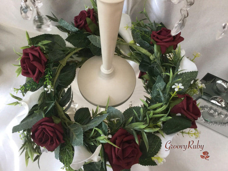 Burgundy Rose & White Calla Lily Wired Candelabra Table Rings