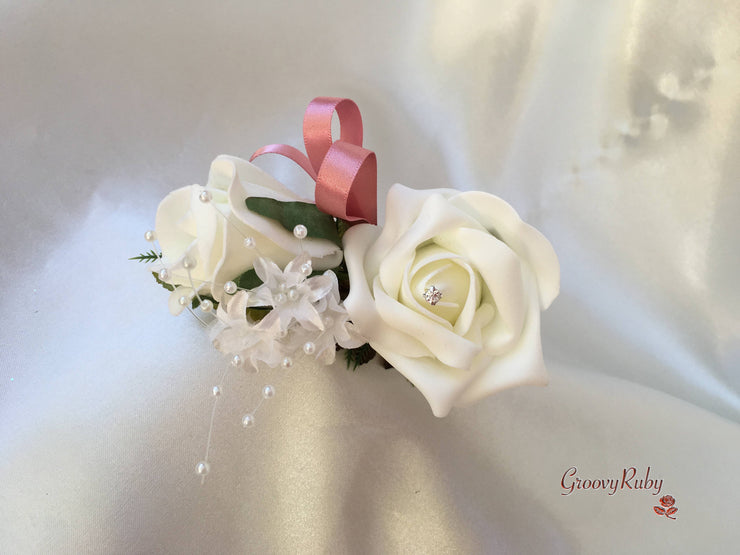 Dusky Pink & Ivory Rose Crystal With Ivory Pearl Babies Breath