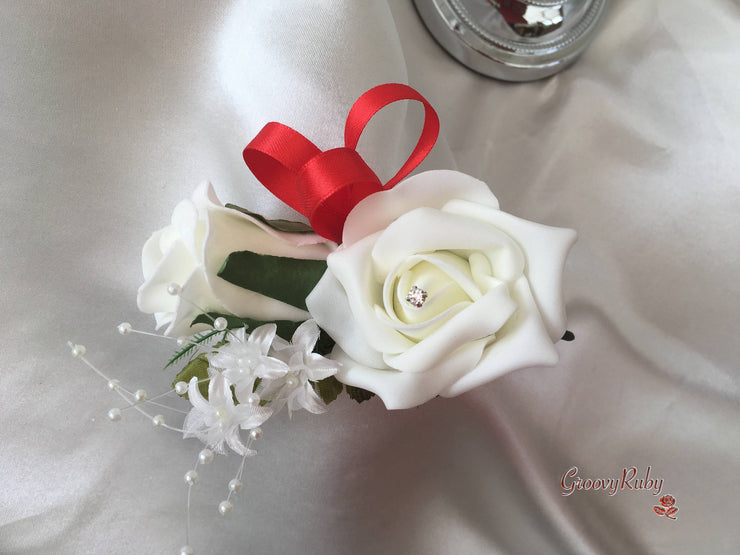 Red & Ivory Rose Crystal With Ivory Pearl Babies Breath