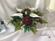Burgundy Rose & Ivory Calla Lily Small Round Table Arrangement