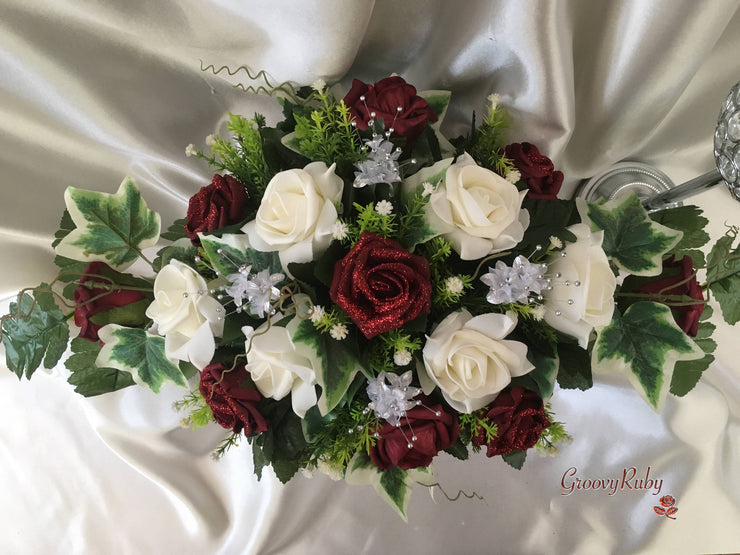 Burgundy Glitter Rose With Silver Babies Breath Long Table Centrepiece