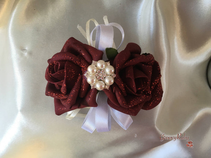 Burgundy Glitter Rose With Pearls & Pearl Diamante Brooch