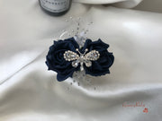 Navy & Ivory Rose With Silver & Crystal Butterfly