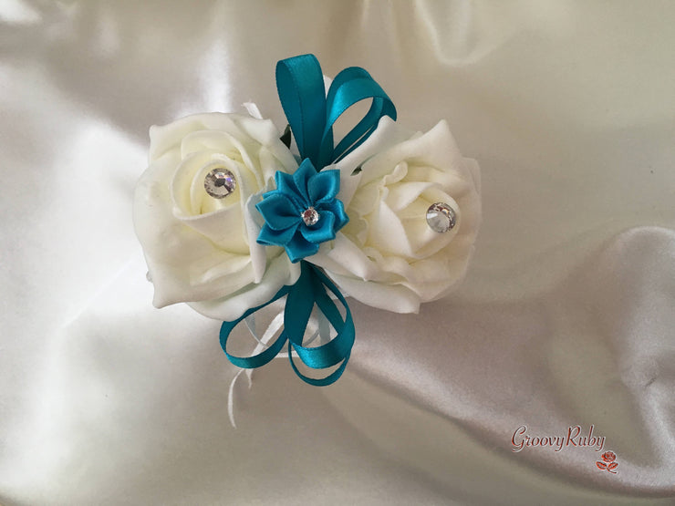Rose Bouquets With Turquoise Satin Diamante Flowers