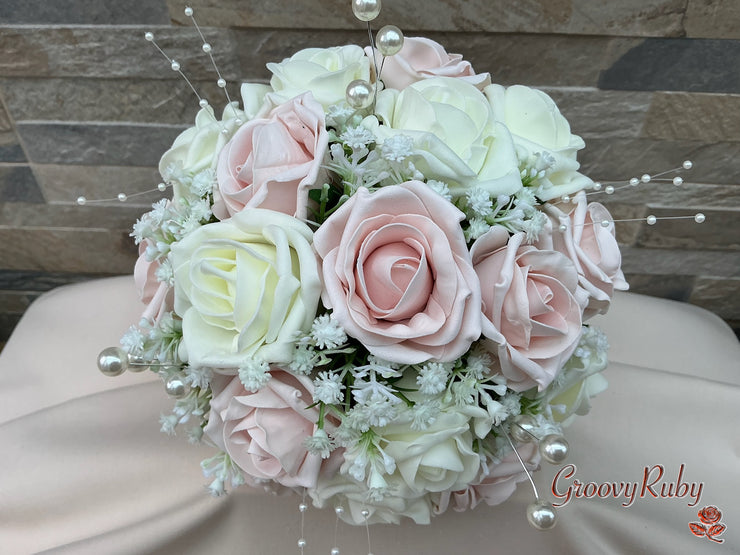 Mocha Pink & Ivory Roses With Gypsophila & Pearl – GroovyRuby Ltd