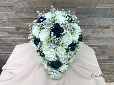 Navy, Silver & Ivory Roses With Gypsophila & Pearl Sprays