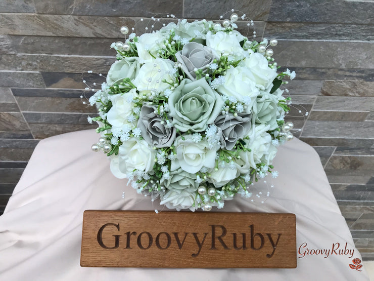 Vintage Sage Green, Silver & Ivory Roses With Gypsophila & Pearl Sprays