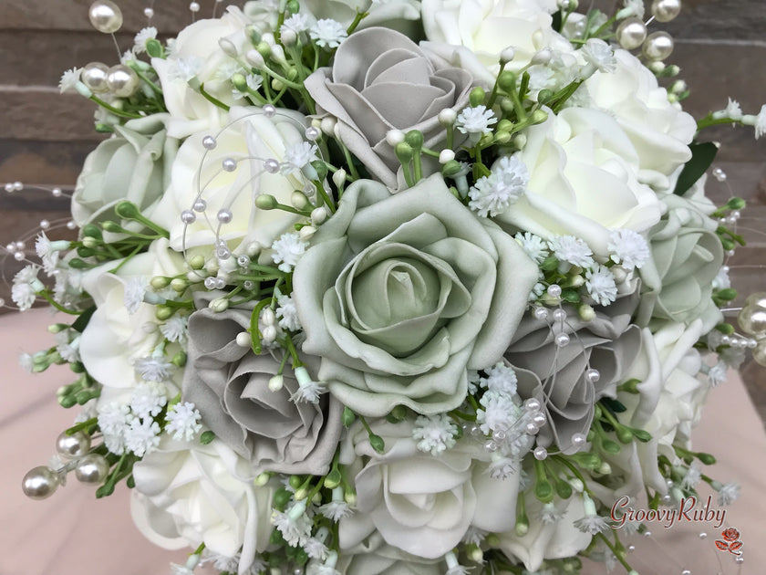 Vintage Sage Green, Silver & Ivory Roses With Gypsophila & Pearl Spray ...
