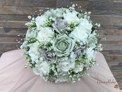 Vintage Sage Green, Silver & Ivory Roses With Gypsophila & Pearl Sprays