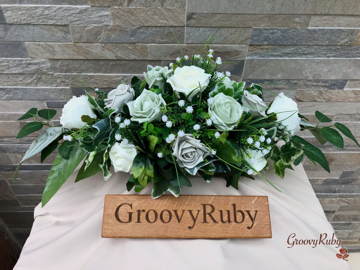 Vintage Sage Green, Silver & Ivory Roses With Gypsophila & Pearl Sprays