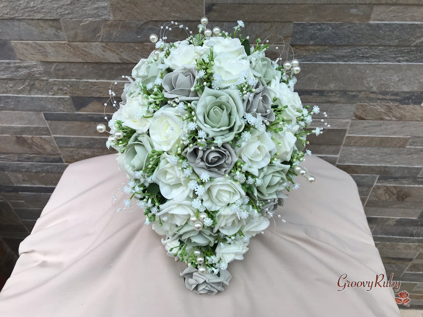 Vintage Sage Green, Silver & Ivory Roses With Gypsophila & Pearl Spray ...