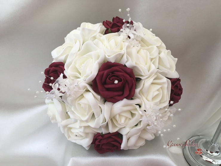 Burgundy & Ivory Rose Crystal With Ivory Pearl Babies Breath