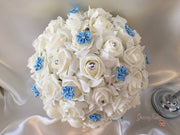 Rose Bouquets With Baby Blue Satin Diamante Flowers