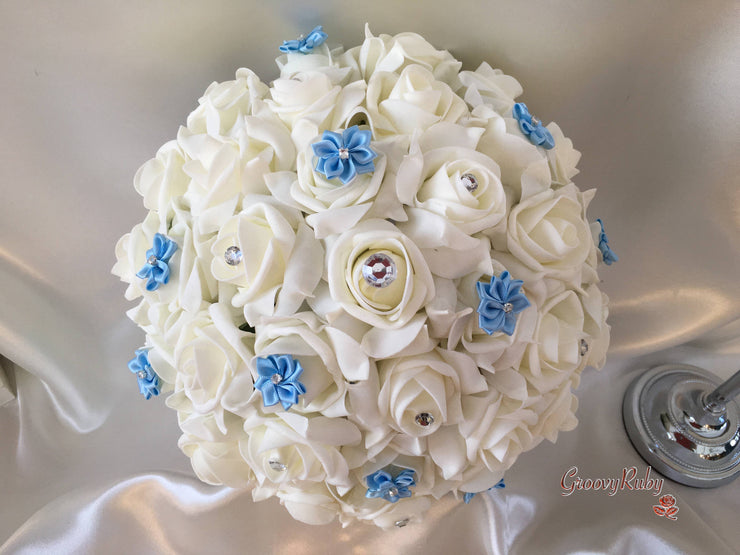 Rose Bouquets With Baby Blue Satin Diamante Flowers