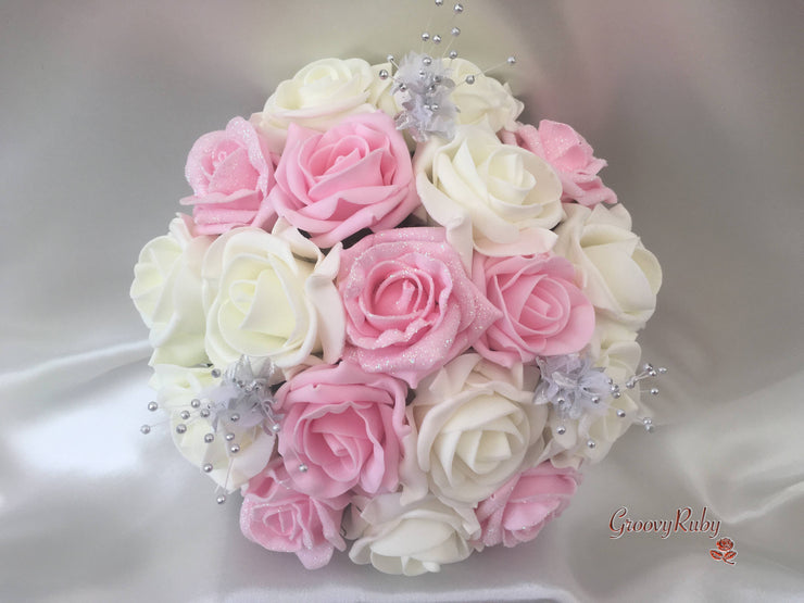 Pastel Glitter Roses With Silver Babies Breath
