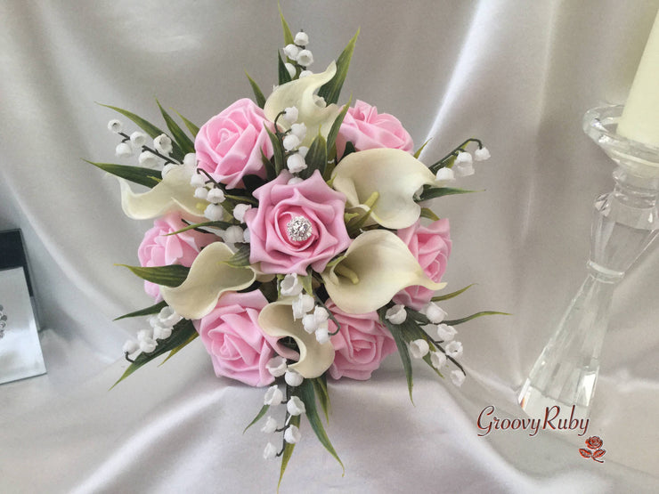 Baby Pink Rose, Lily of the Valley & Large Calla Lily With Diamante Brooch