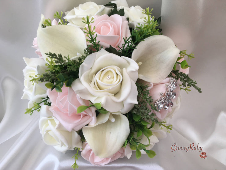Blush Pink Rose & Large Ivory Calla Lilies With Crystal Butterfly Brooch