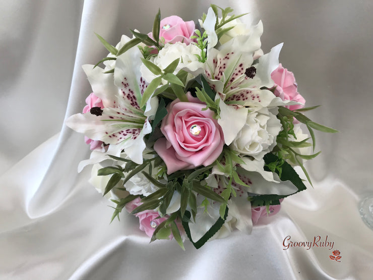 Small Tiger Lilies & Baby Pink Roses With Foliage