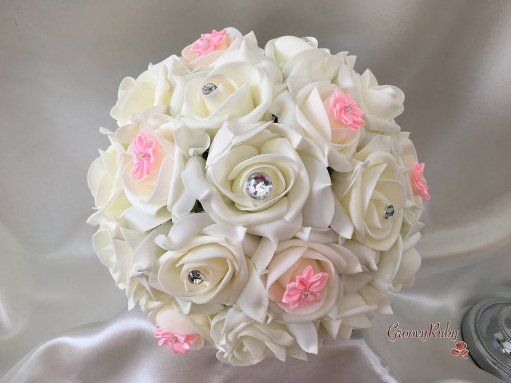 Rose Bouquets With Baby Pink Satin Diamante Flowers