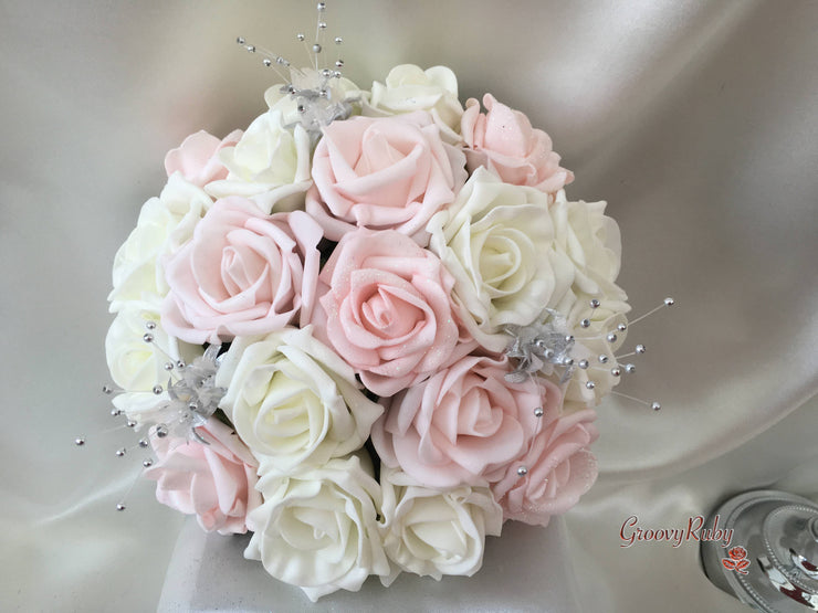 Blush Pink Glitter Rose With Silver Babies Breath