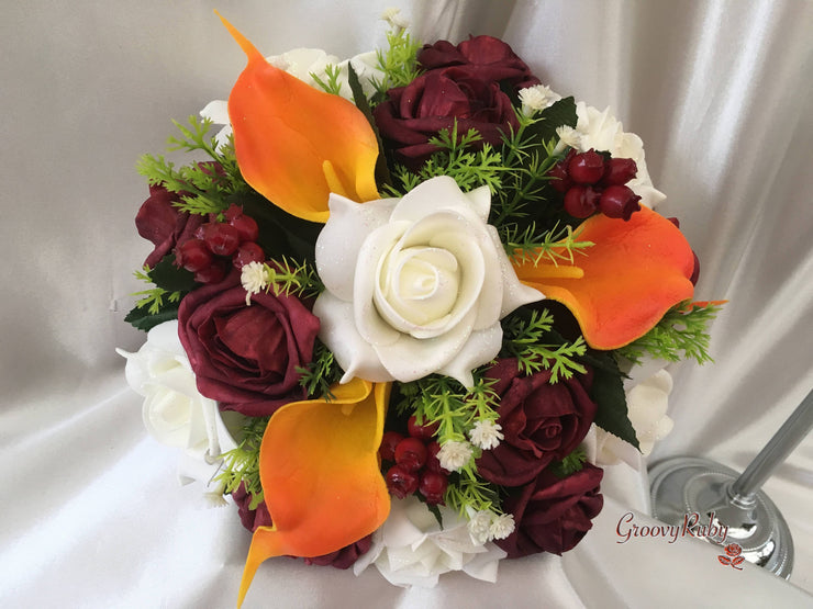 Ivory Glitter Rose, Orange Calla Lily, Burgundy Rose & Berries