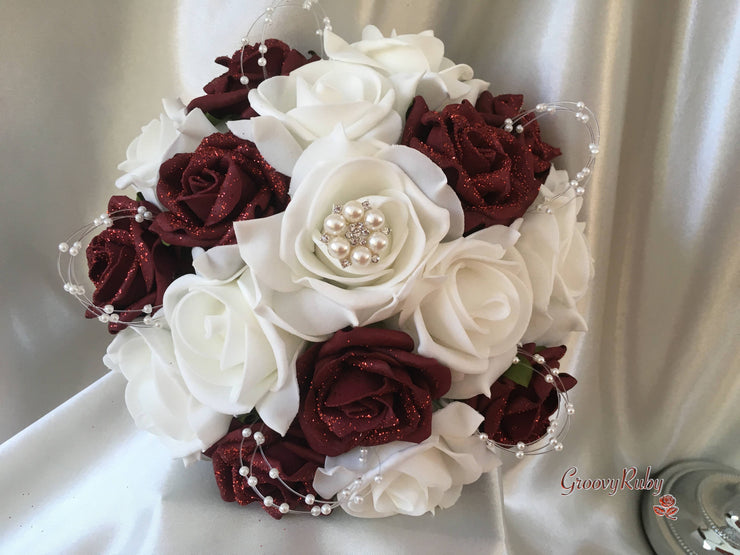 Burgundy Glitter Rose With Pearls & Pearl Diamante Brooch