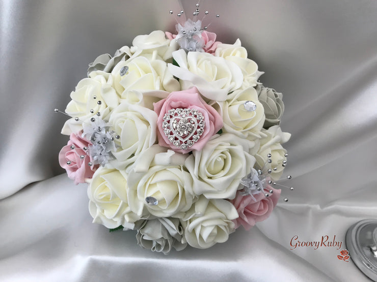 Dusky Pink & Silver Roses With Delicate Heart Brooch