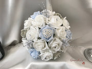 Ice Blue, Silver & White Roses With Delicate Heart Brooch