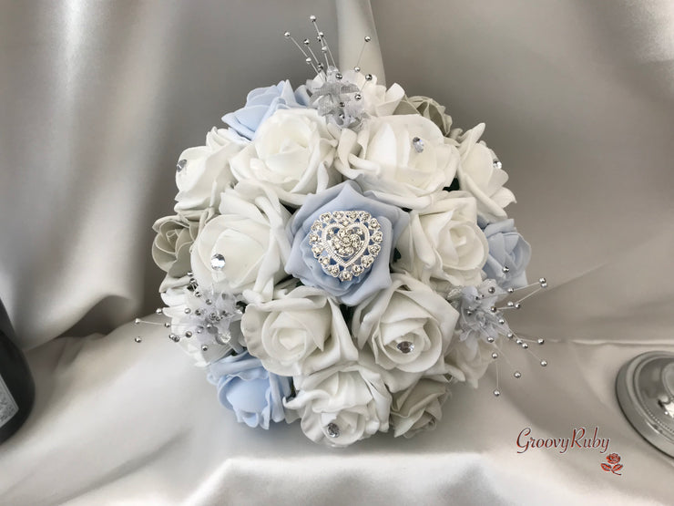 Ice Blue, Silver & White Roses With Delicate Heart Brooch