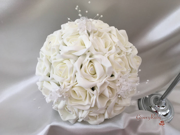 Ivory Rose Crystal With Ivory Pearl Babies Breath