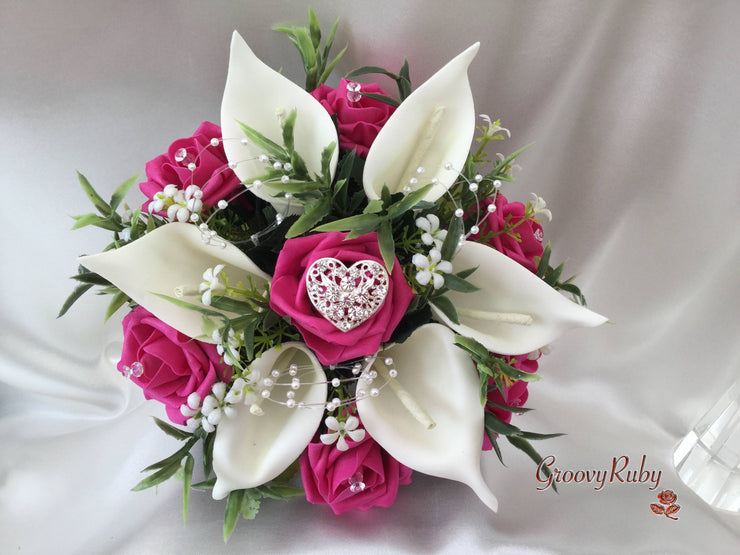 Hot Pink Rose & Calla Lily With Pearls & Diamante Heart Brooch