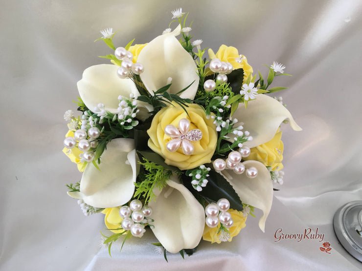 Lemon Rose & Large Calla Lily With Pearl Sprays & Pearl Brooch