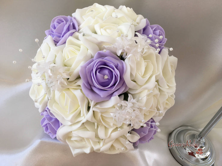 Lilac & Ivory Rose Crystal With Ivory Pearl Babies Breath