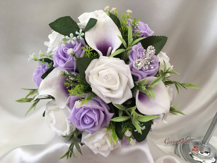 Lilac Roses With White & Cadbury Purple Centred Calla Lilies & Crystal Butterfly Brooch