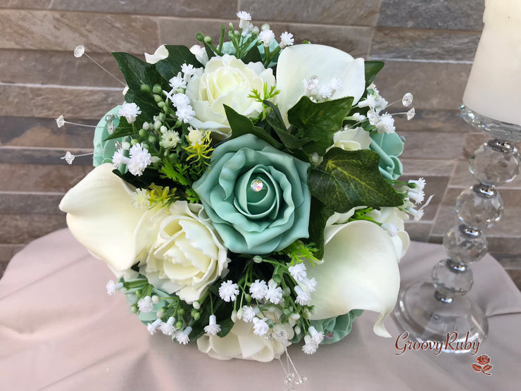 Mint Green Roses & Ivory Carnations With Calla Lily & Gypsophila