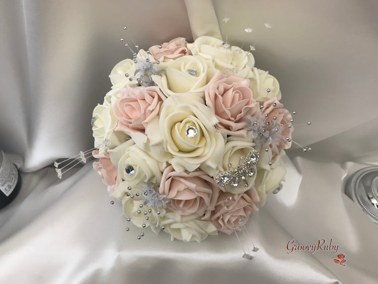 Mocha Pink & Ivory Rose With Silver & Crystal Butterfly