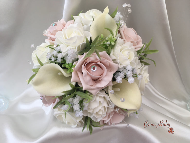 Mocha Pink Roses & Ivory Carnations With Calla Lily & Gypsophila
