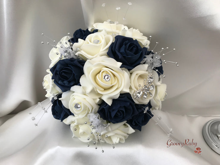 Navy & Ivory Rose With Silver & Crystal Butterfly