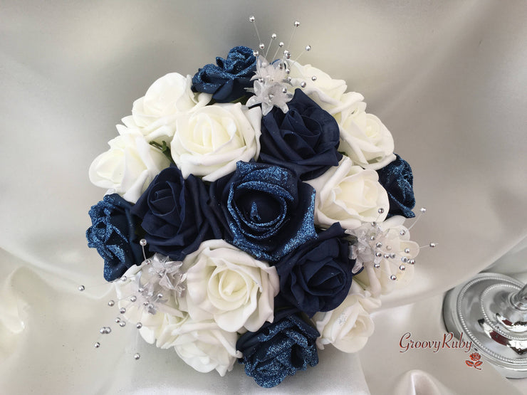 Navy Glitter Rose With Silver Babies Breath