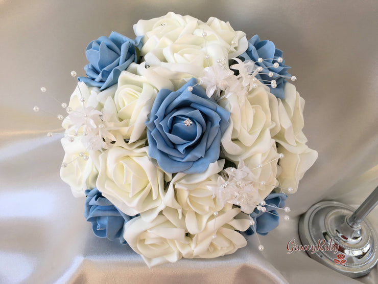 Powder/Baby Blue & Ivory Rose Crystal With Ivory Pearl Babies Breath